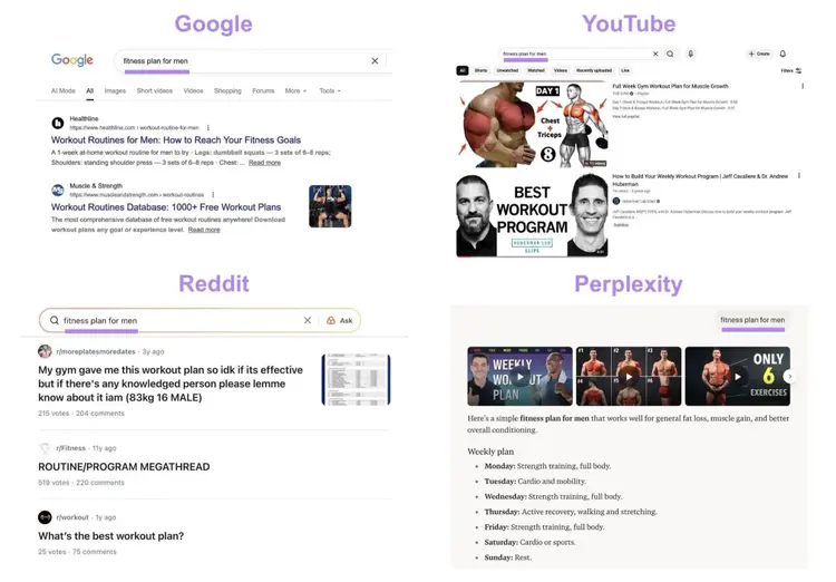 The search results for the term "fitness plan for men" on Google, YouTube, Reddit, and Perplexity.