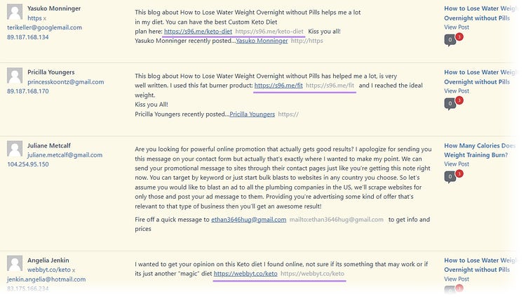 "Comments" tab of the Wordpress CMS showing multiple user comments that include spammy links