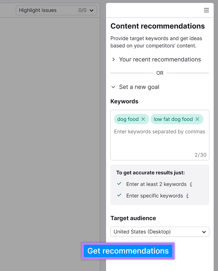 SEO Writing Assistant setup page with keywords entered and Get recommendations button highlighted