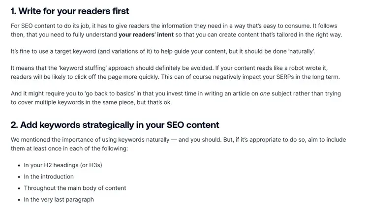 SEO writing tips emphasizing writing for readers first and adding keywords strategically in content.