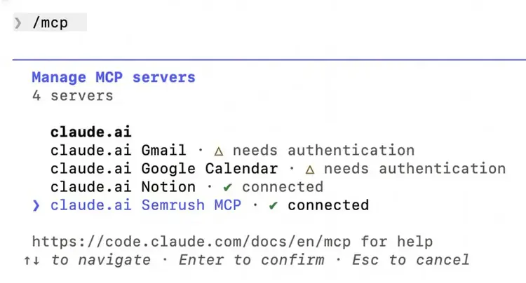 Claude MCP server manager showing Semrush MCP successfully connected and authenticated