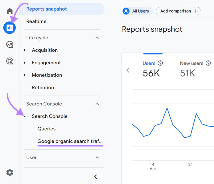 Google organic search traffic menu option highlighted within reports navigation.