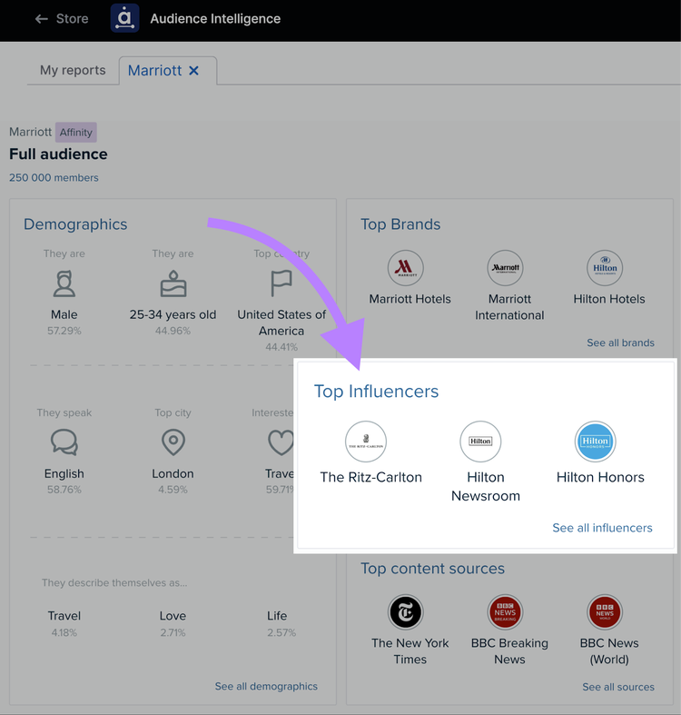 Audience Intelligence for Marriott showing 250K members with demographics and top influencers modal