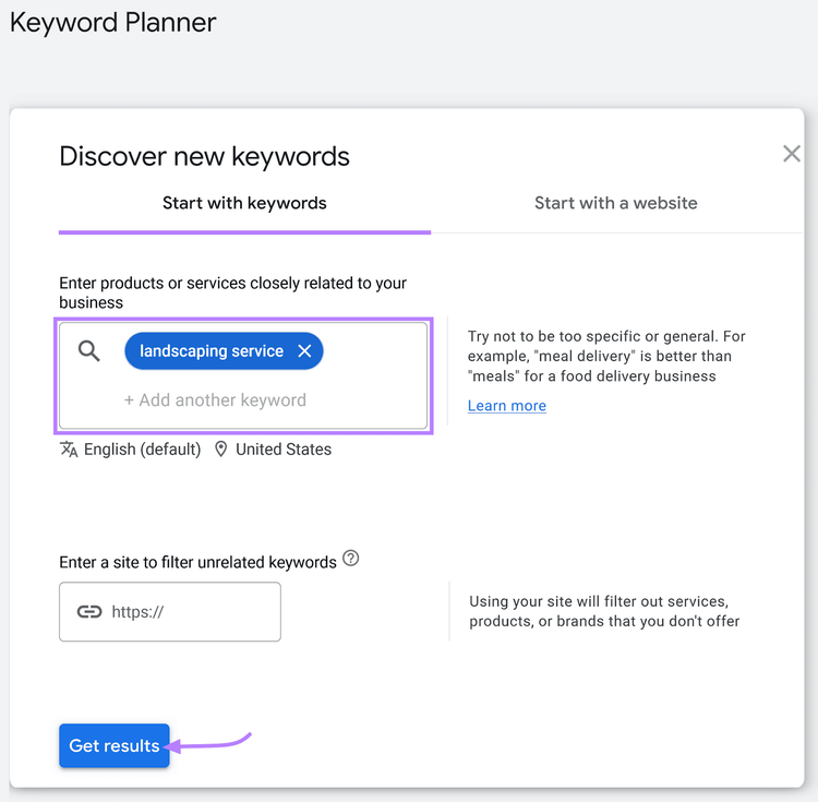 "landscaping service" keyword entered in Google Keyword Planner