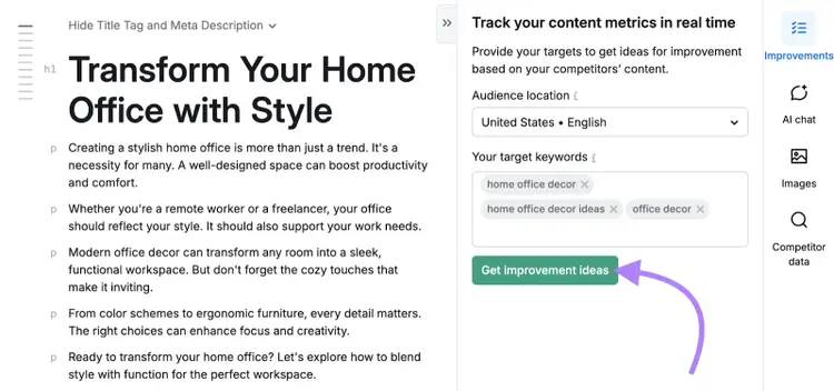 Article draft is entered with audience location and target keywords.