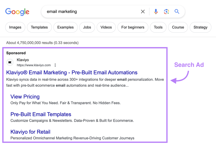 a PPC search ad from Klaviyo for email marketing search