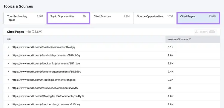 Topics & Sources on the Visibility Overview report with the "Topic Opportunities" and "Cited Pages" tabs highlighted.
