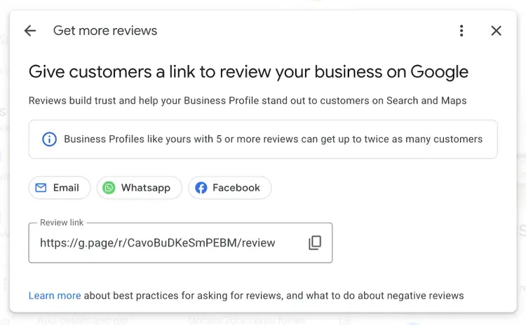 review link provided with social share buttons