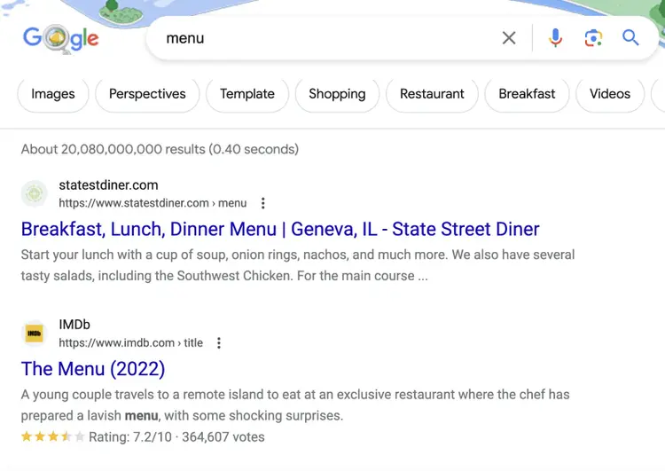 Google search results for “menu”