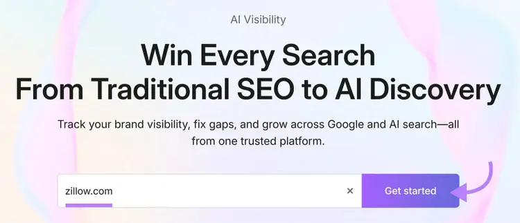 Semrush AI Visibility search field with zillow.com entered and an arrow pointing to Get started