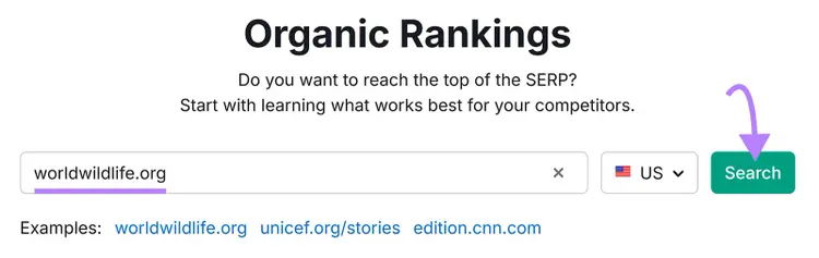 Semrush Organic Rankings search screen with a domain field and country selector