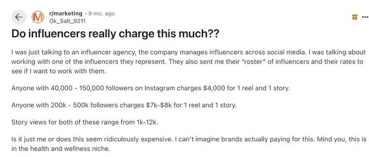 Reddit discussion about influencer marketing pricing for Instagram content collaborations