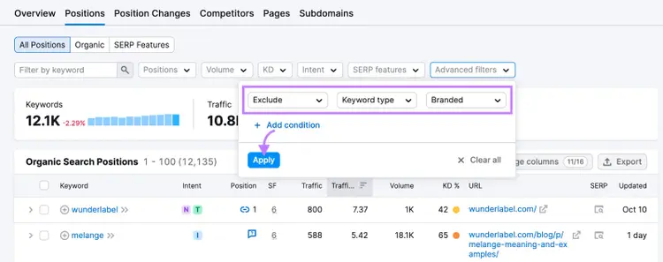 "Advanced filters" under "Positions" report in Organic Rankings tool