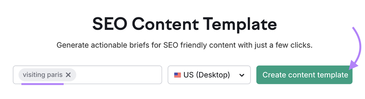 visiting paris entered into SEO content template tool