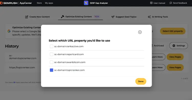 Modal dialog to select a URL property from domain list in Semrush