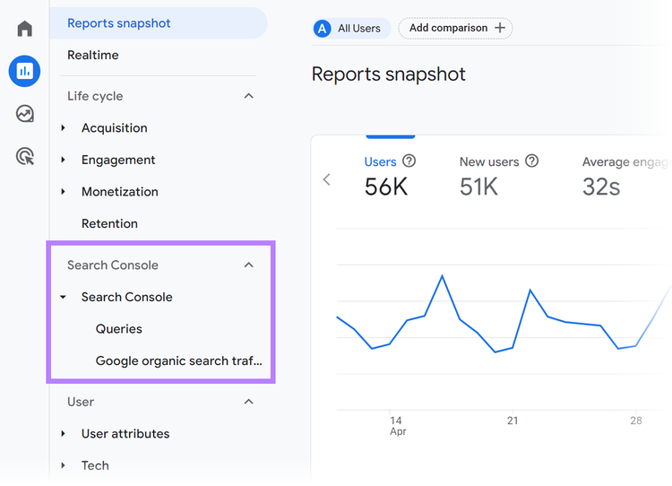 Search Console menu expanded and highlighted.