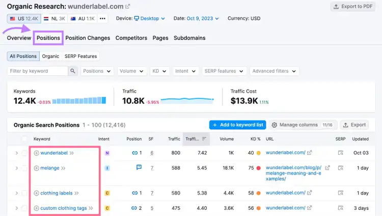 "Positions" report in Organic Rankings tool