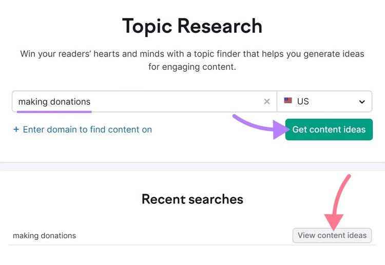 "making donations" search in Topic Research tool