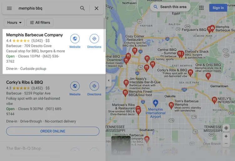 Memphis Barbecue Company’s website in Google Maps