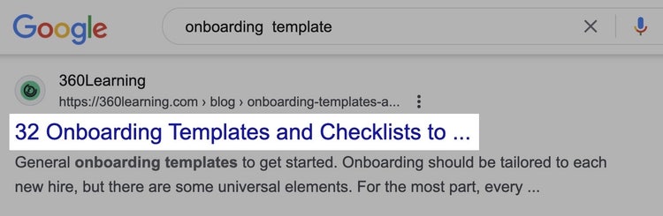 Screenshot: Google search results for 'onboarding template' showing top three result snippets