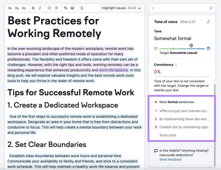 "Most formal sentences" section found in SEO Writing Assistant