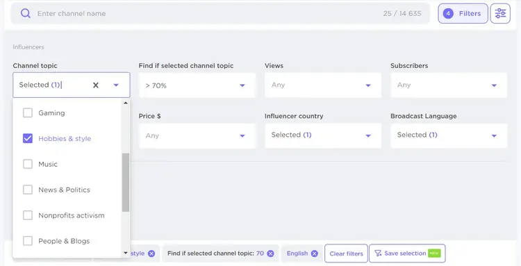 Influencer filters page in Influencer Analytics platform