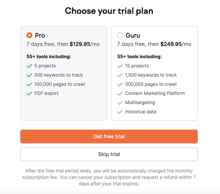 Semrush's "Choose your trial plan" opt-in