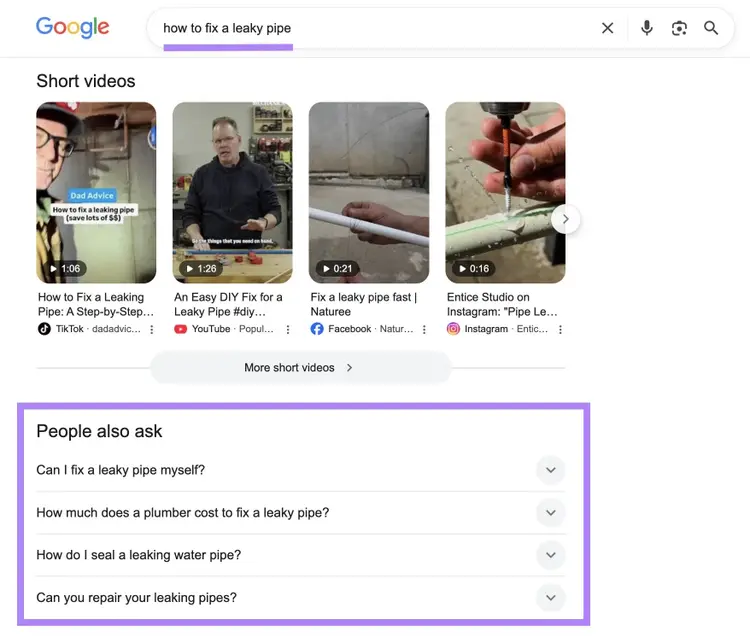 Google SERP for the term "how to fix a leaky pipe" with the "People also ask" section highlighted.