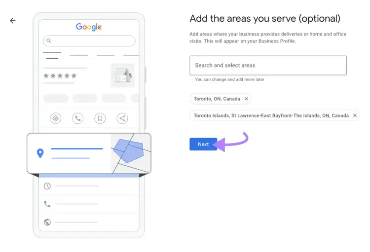 Business setup screen with service areas selected and arrow pointing to “Next.”
