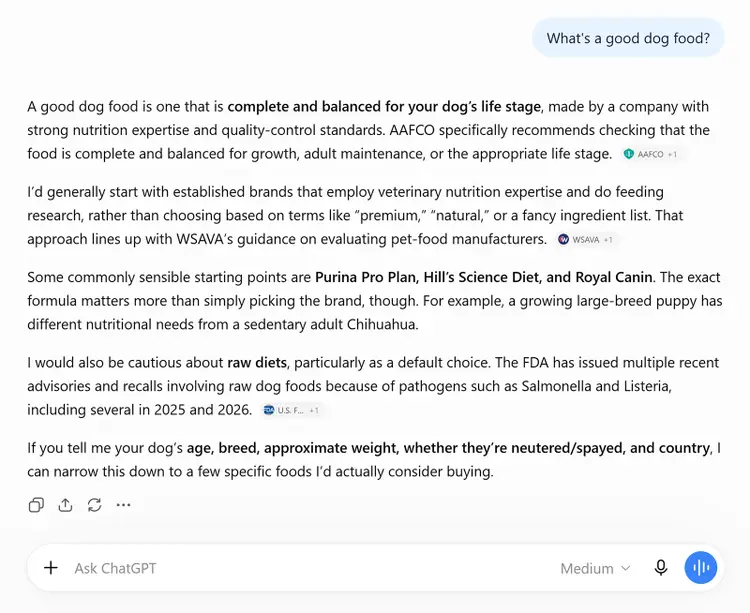 ChatGPT gives general dog food advice and recommends established brands based on nutrition expertise