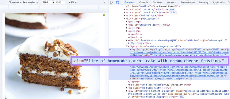 an image of a carrot cake on a recipe blog has the alt tag, as shown in the code, alt="Slice of homemade carrot cake with cream cheese frosting."