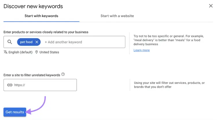 Google Keyword Planner Discover keywords dialog with keyword input and site filter options