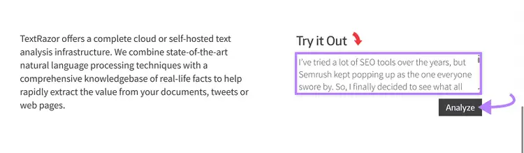TextRazor homepage section with text input field and Analyze button highlighted.