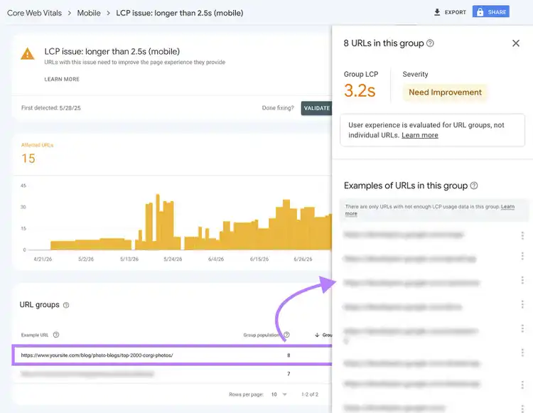 Google Search Console LCP issue report showing affected mobile URL groups and a 3.2-second LCP