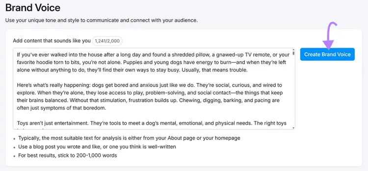 Brand Voice setup screen showing pasted writing sample and arrow pointing to “Create Brand Voice” button.