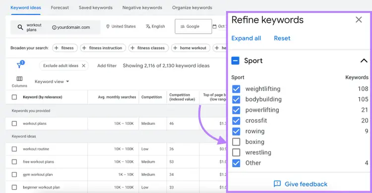 refine keywords option highlighted