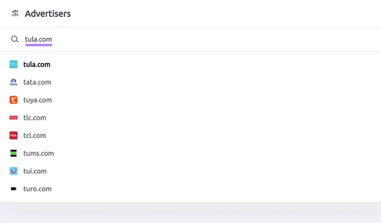 Advertisers search screen showing tula.com and similar domain suggestions