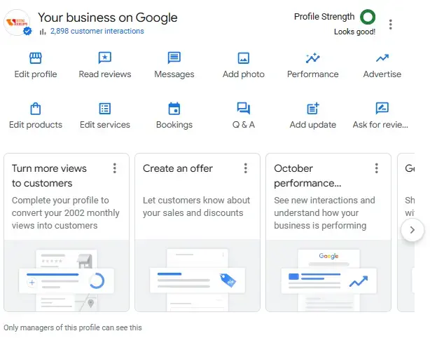 A Google Business Profile manager dashboard.