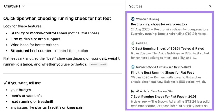 Multiple blog posts cited as sources on ChatGPT for a prompt looking for the best running shoes for flat feet.