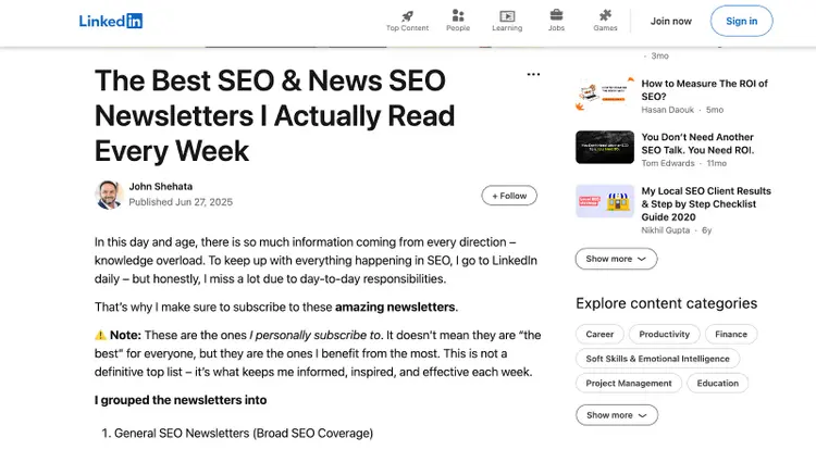Example of a LinkedIn article cited in AI search