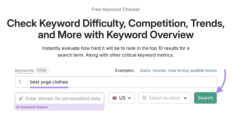 Keyword Overiew tool with "best yoga clothes" entered as the term and "Search" clicked.