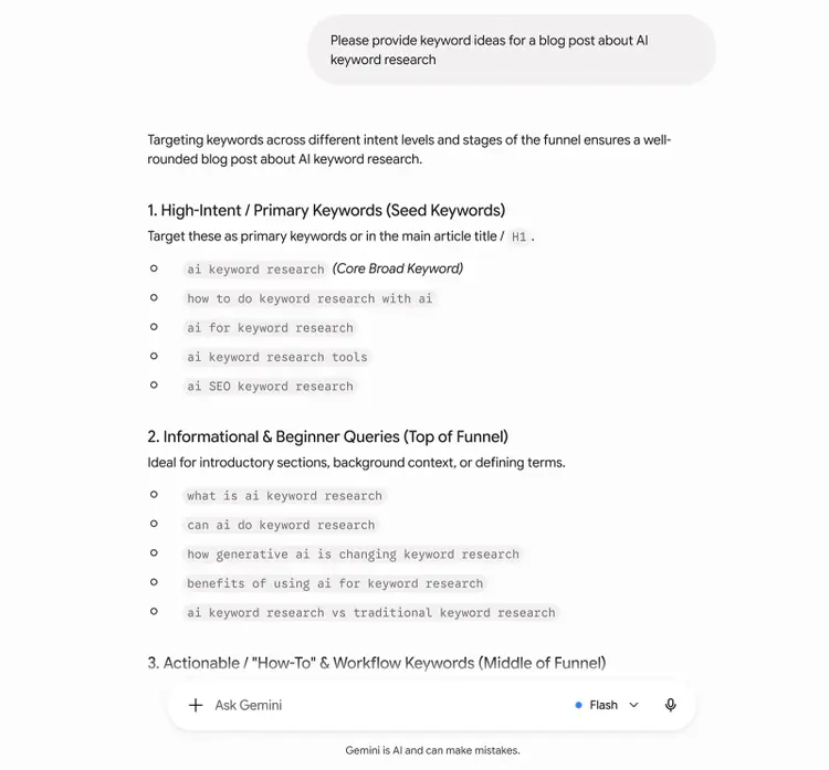 Gemini grouping AI keyword research terms into primary, informational, and workflow keywords