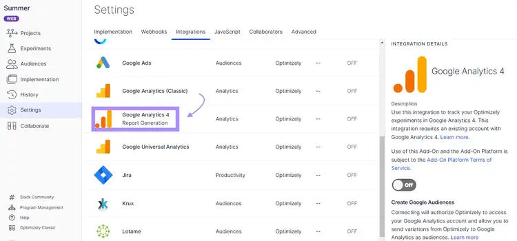 "Google Analytics 4" selected under Optimizely Integrations page