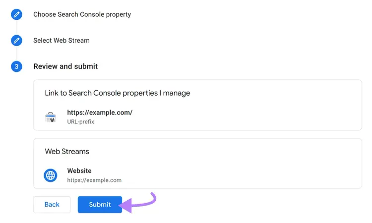 Final step of linking flow with website selected and arrow pointing to Submit