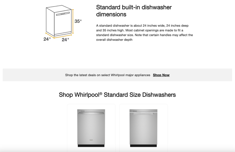 Whirlpool webpage with standard built-in dishwasher dimensions and shopping section