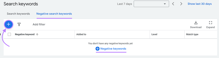 plus button highlighted to enter negative keywords