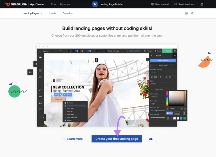 Semrush Landing Page Builder dashboard with arrow pointing to 'Create your first landing page' button