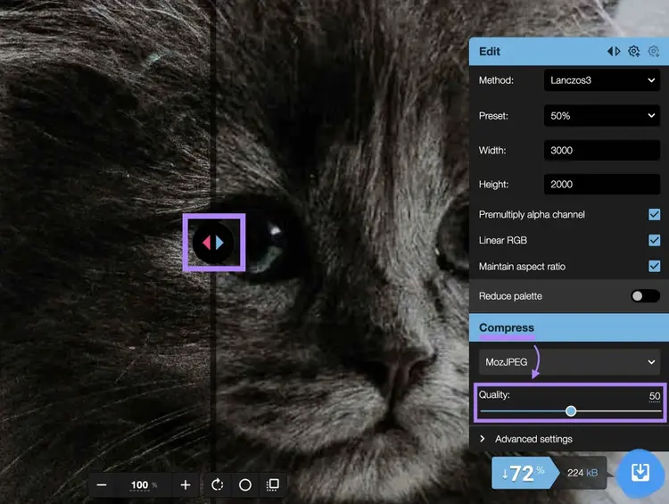Squoosh interface with the "Quality" and "Before/After" sliders highlighted.