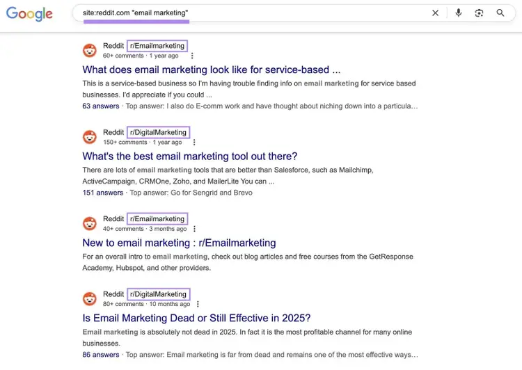 Using a site search operator with the keyword "email marketing" to find relevant Reddit communities on Google.
