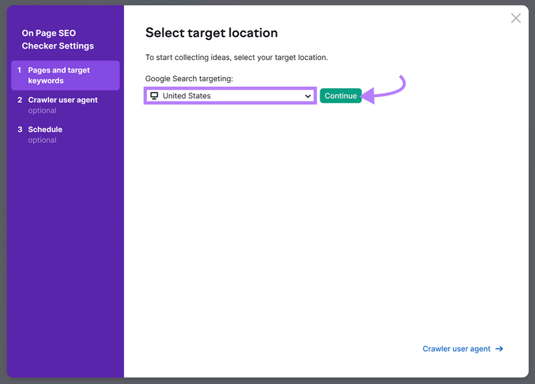 Target location set to United States and arrow to Continue button